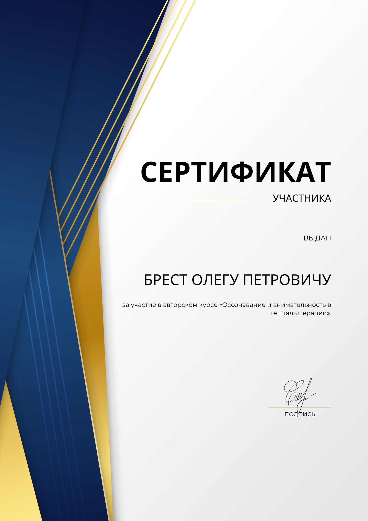 Фотография сертификата Брест Олега Петровича за участия в авторском курсе